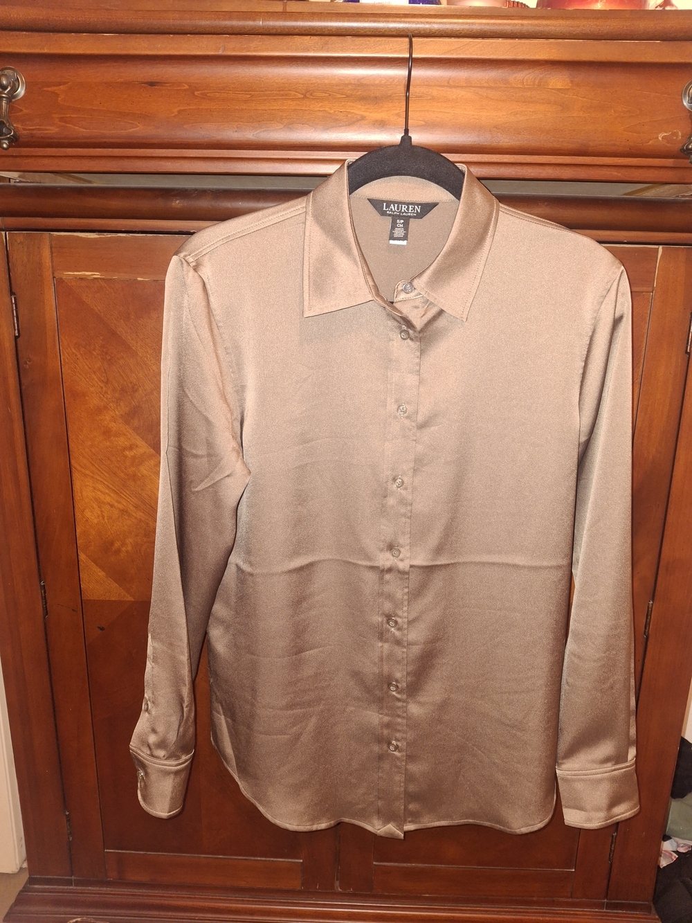 Ralph Lauren Women's  Satin Button Down Blouse - Brown Taupe